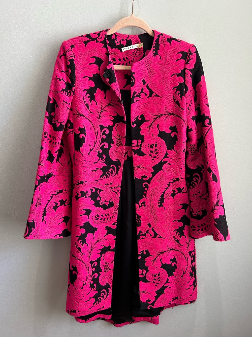 Alice + Olivia Hot Pink and Black Brocade Trench Coat
